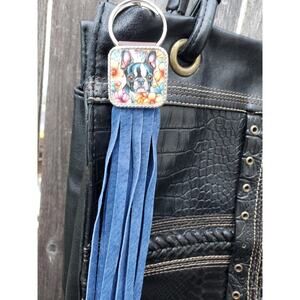 Handmade boho Boston terrier Gift Leather Fringe Western bag charm keychain